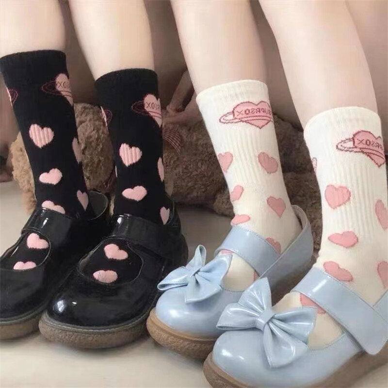 Lolita-calcetines de tubo JK para niñas, medias de media pantorrilla, rosa, corazón de amor, japonés, coreano, estudiante lindo, Blanco, Negro, calcetines largos de algodón Jk