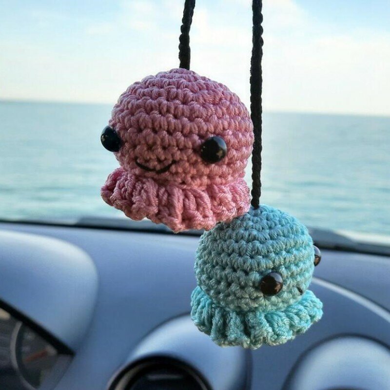 Handmade Crochet Swing Specter Animal Car Mirror, Hanging Flower Decor, Teens Interior Rear View Mirror Accessories, Gadgets