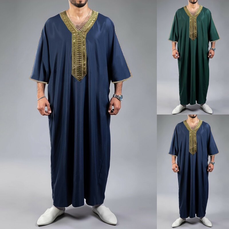 Túnica musulmana de manga larga para hombre, abaya bordada con bolsillos laterales, caftán musulmán Vintage sólido, 2024