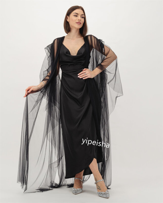 Атласные плиссированные трапециевидные платья средней длины с квадратным вырезом на заказ