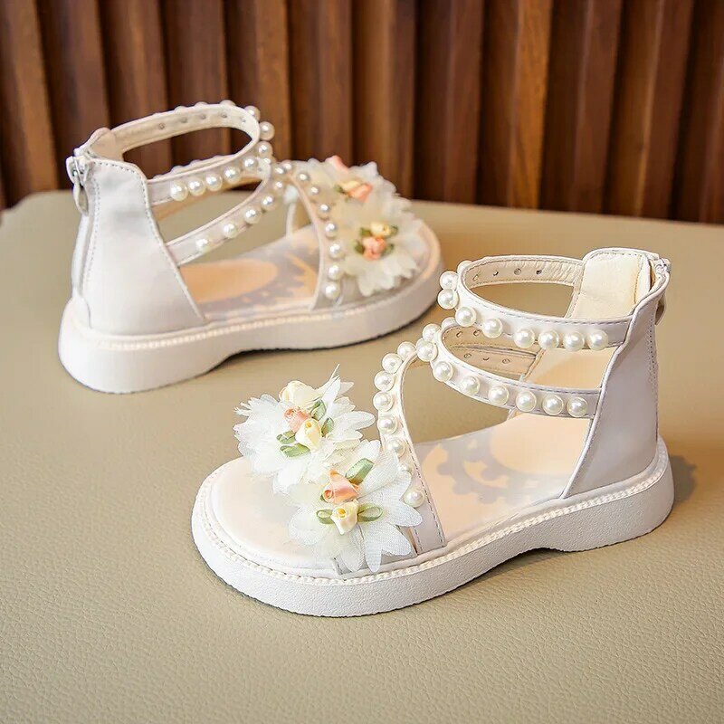 Sandały dziecięce letnie słodki kwiat sandały dla ładnych dziewczynek moda casual Pearl Kids Princess Open-toe rzymskie sandały Zip
