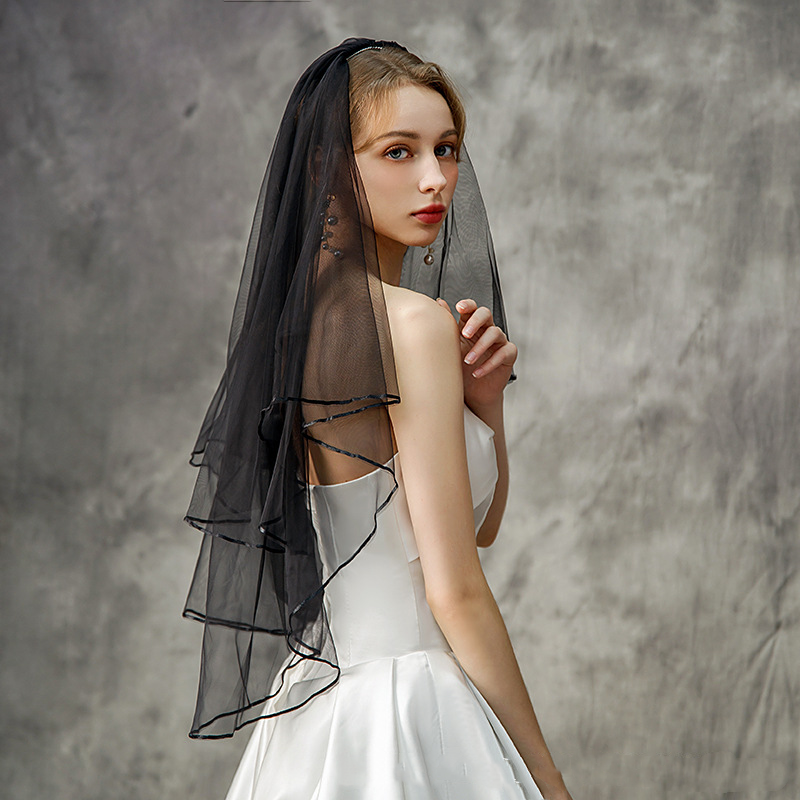 Véu curto do casamento com borda da fita, duas camadas, véu nupcial com pente, preto marfim, tule branco, acessórios do casamento