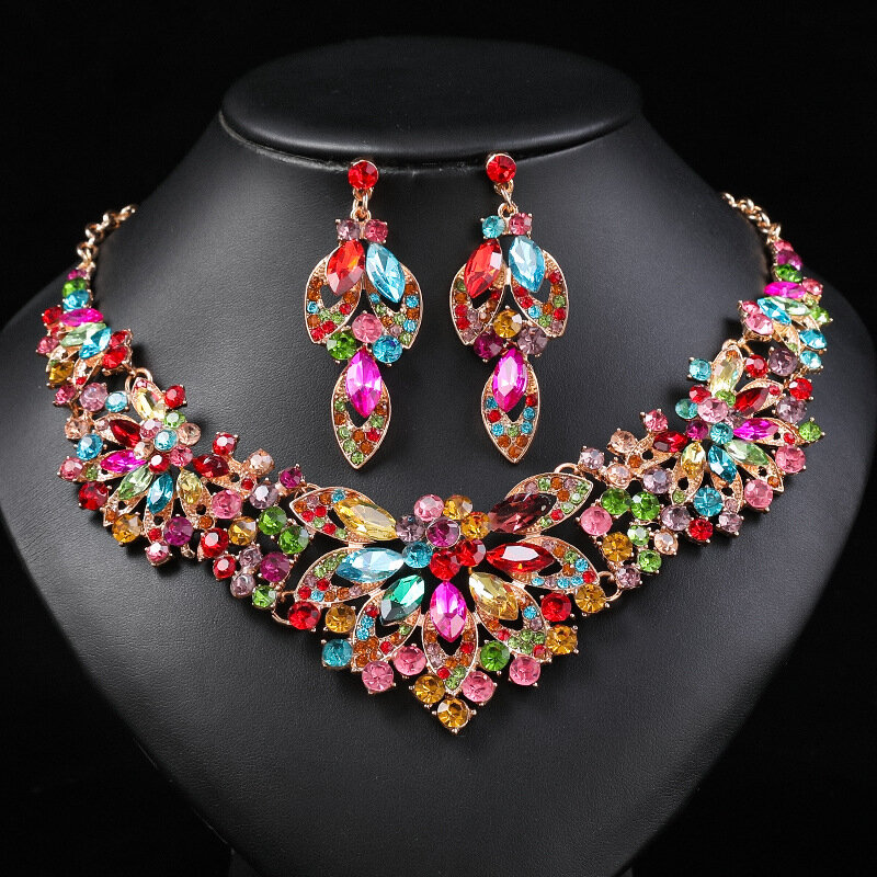Gorgeous Colorful Crystal Rhinestone Lucky Necklace Earring Set Wedding Party Costume Jewellery NewStyle Trendy design Girl Gift
