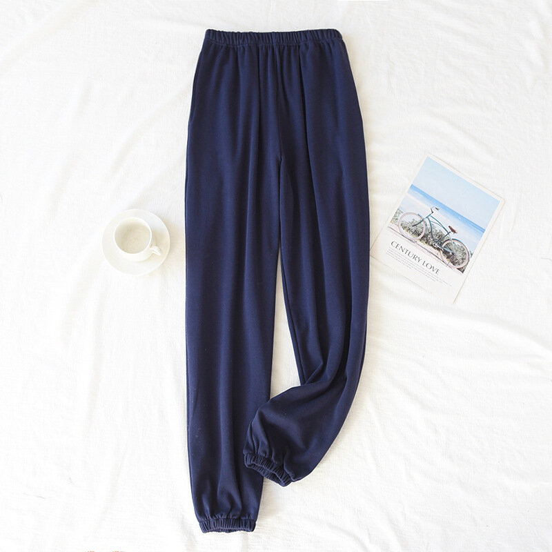 Pantalon pyjama en coton tricoté pour homme, poches latérales d'extérieur, ensemble pieds fins, bas de sommeil, pour la maison, printemps/automne