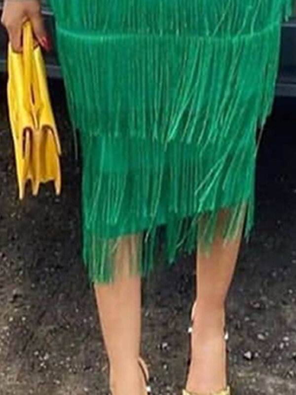 Green Fringe Bodycon Pencil Skirts Tassel High Waist Women Stretch Sheath Midi Length Ladies Slim Jupe Saias faldas