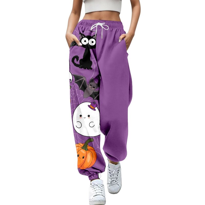 Pantalones de chándal holgados para mujer, pantalón largo con estampado de gato para Halloween, Otoño e Invierno