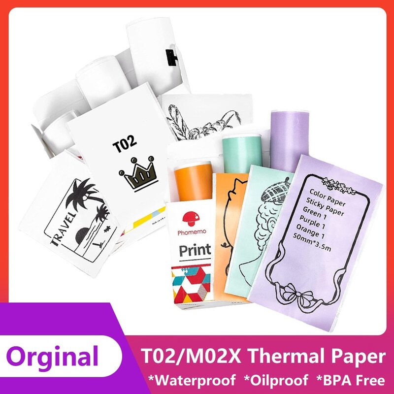 Phomemo-Papier autocollant thermique pour imprimante, papier auto-adhésif, blanc, M02X, T02, mini étiqueteuse, garde pendant 2, 5/10 ans, 3 rouleaux