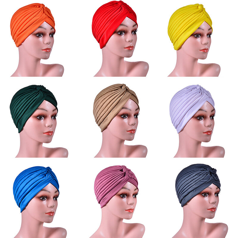 Turbante Twist Knot para mulheres, Turbante elástico muçulmano, boné macio, cor pura, lenço de cabeça, boné de câncer, acessórios
