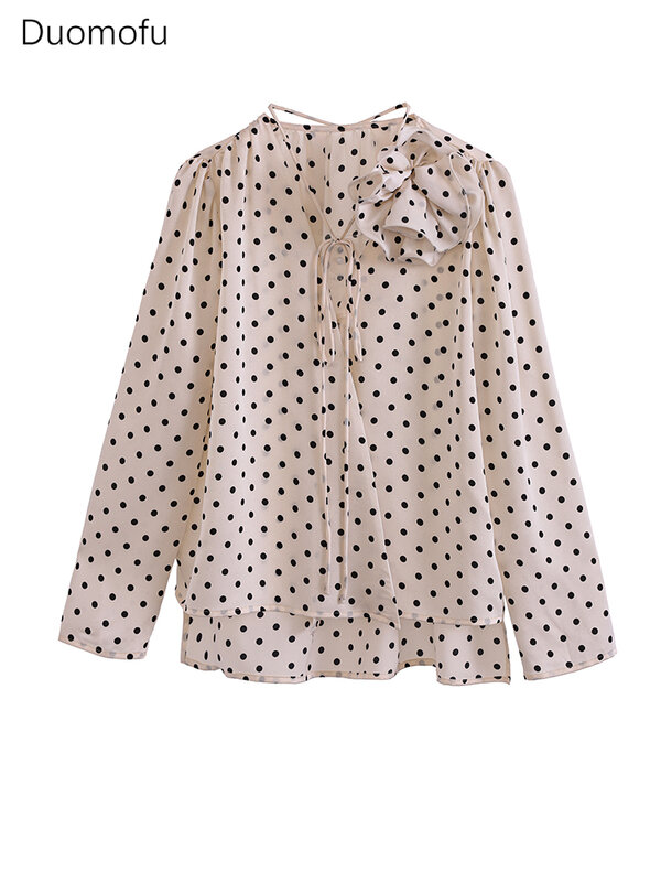 Duomofu-Tops elegantes em bolinhas para senhoras, blusa gola V, manga cheia, botão oculto, rosa, estilo francês, solto e elegante, escritório
