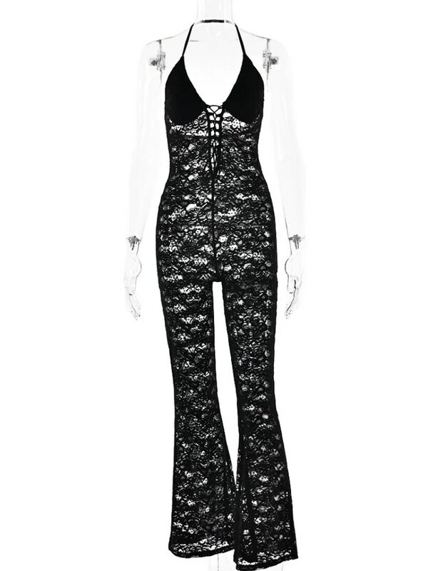 Women's Lace Jumpsuits Sexy Fashion Sleeveless Halter Neck Backless Hollow Out High Waist Long Bodysuit Night Club Party Outfit