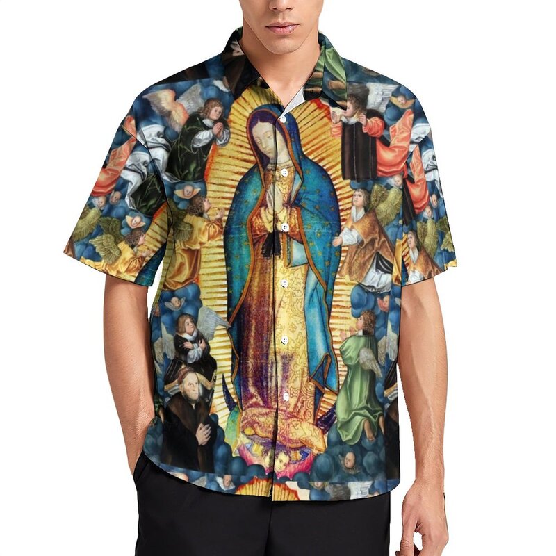 Camisa de manga corta con estampado Floral para hombre, camisa de manga corta con estampado Floral de arcoíris de la Virgen de la playa, con estilo, de gran tamaño
