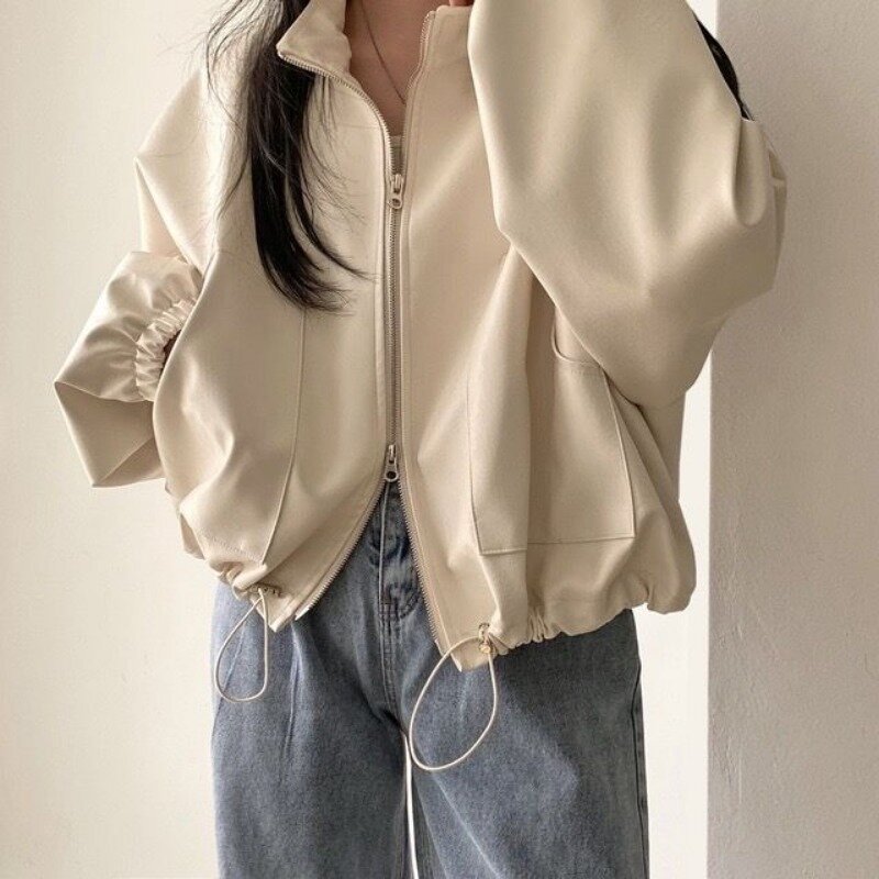 Korean style short leather jacket for women chic and elegant retro Harajuku fashion cut PU racing jacket street wear