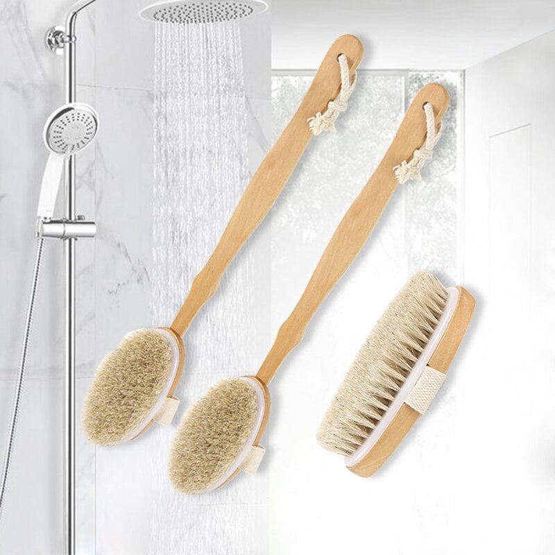 Spazzola per doccia con setole naturali per la schiena con manico lungo staccabile in legno strumento per la pulizia del massaggio esfoliante per la pelle secca