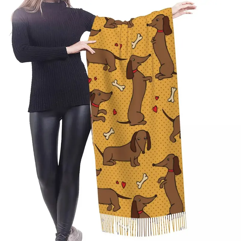 Cane bassotto giallo inverno sciarpa scialli avvolgere donna uomo caldo Bufanda nappa sciarpe