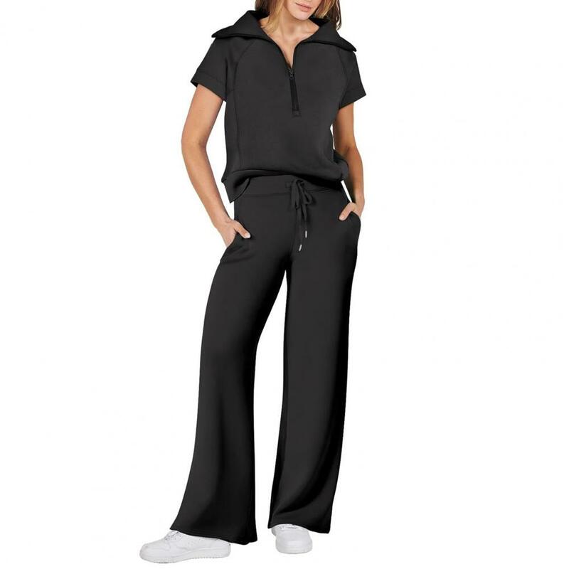 Zestaw najlepsze spodnie dla kobiet stylowy zestaw najlepsze spodnie damski z rozkładanym kołnierzem na pół zamkiem jednokolorowym t-shirt z krótkim rękawem do noszenia
