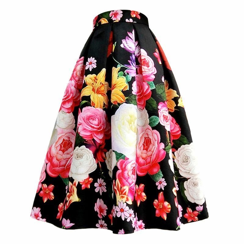 Women's Fashion Vintage Summer Designer Flower Print Skirt Female High Waist A-line Skirt Ladies Elegant Temperament Skirts Q625