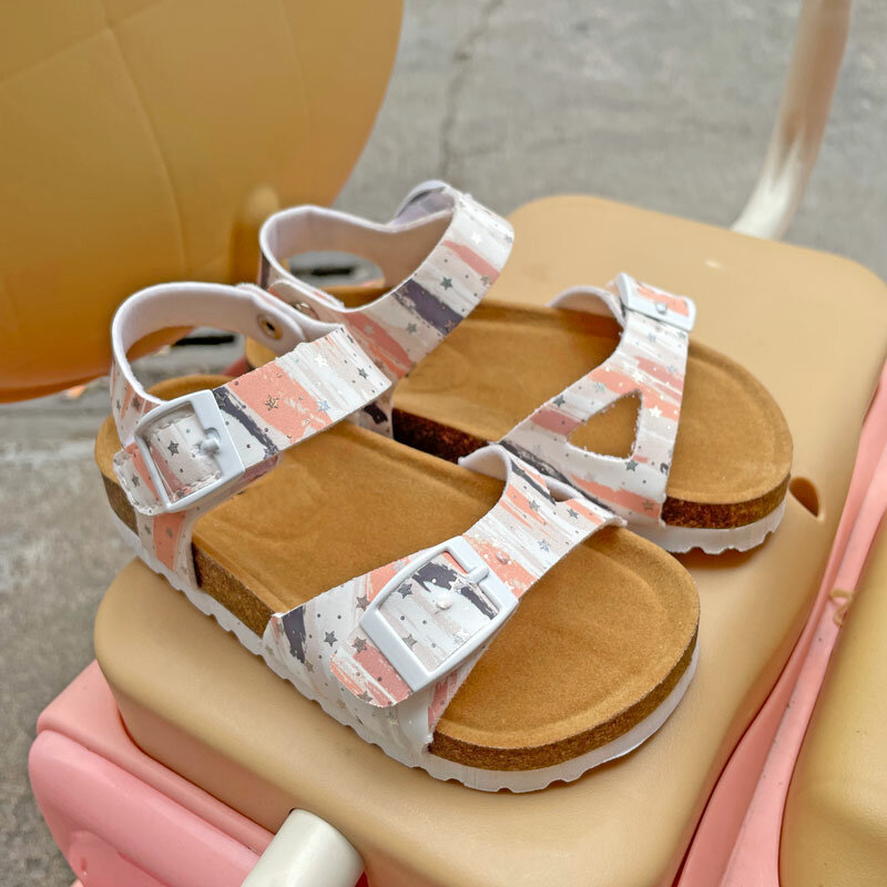 Summer Girls Sandals Printing Pu Leather Corks Open Toe Slides Flats with Shoes for School 2-12 Years Toddler