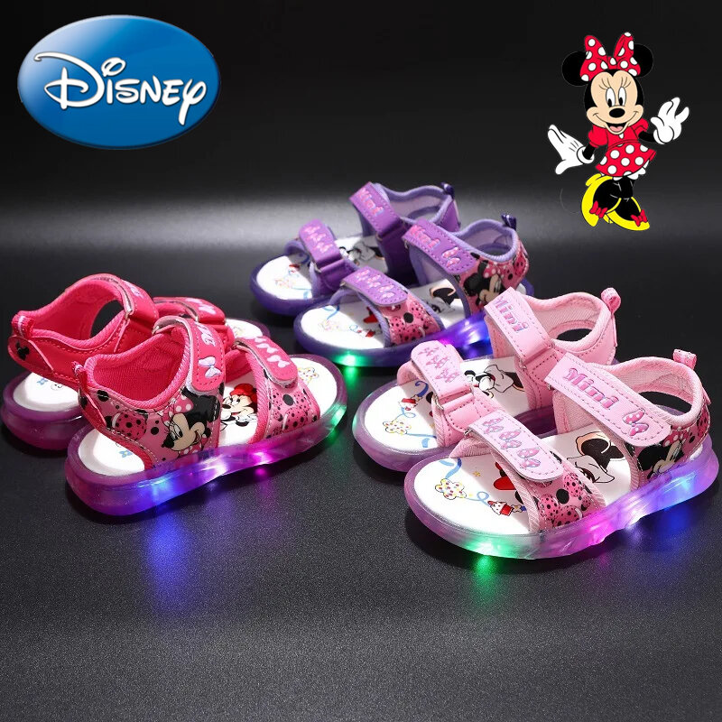 Disney Mickey Mouse Girls' LED Sandals Summer Children's Minnie Sports Beach Pink Purple Girls' Soft Shining Shoes Size 21-31