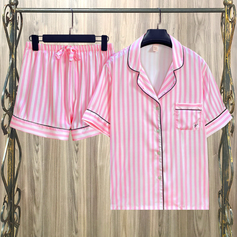 Piyama sutra es wanita baru bergaris-garis merah muda wanita Musim Panas 2024 kardigan wanita pakaian tidur manis pakaian rumah Set celana pendek