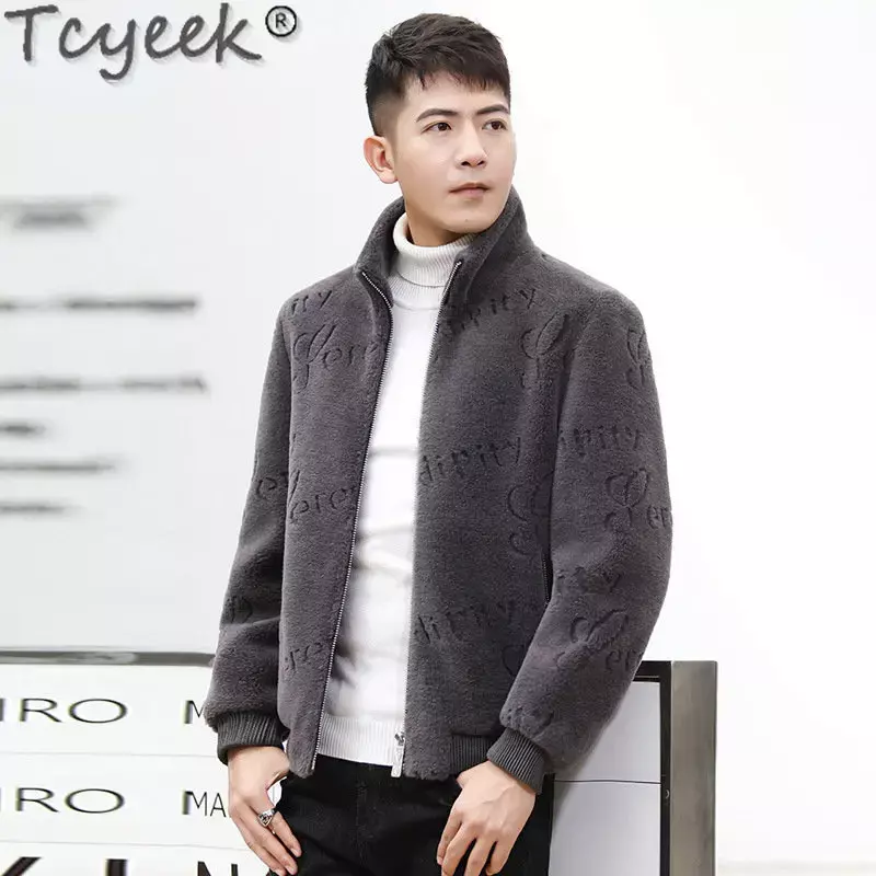 Tcyeek-Chaqueta de piel auténtica para hombre, abrigo corto de lana de grano, informal, cálido, a la moda, para invierno