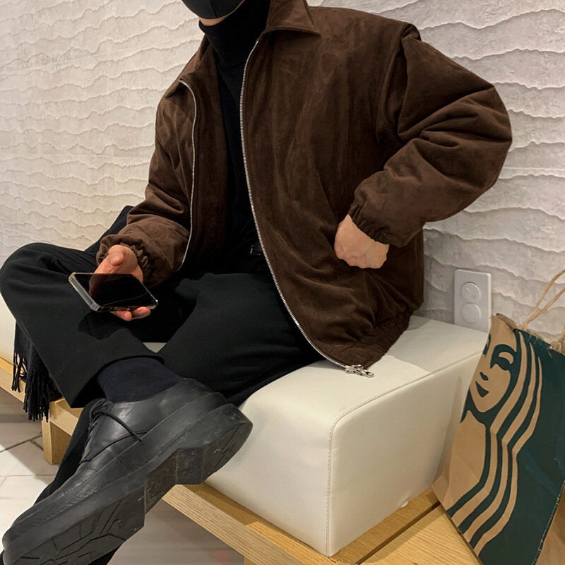 Jaqueta masculina de camurça de inverno, jaqueta solta e pelúcia, jaqueta de algodão high-end, grossa, versão coreana