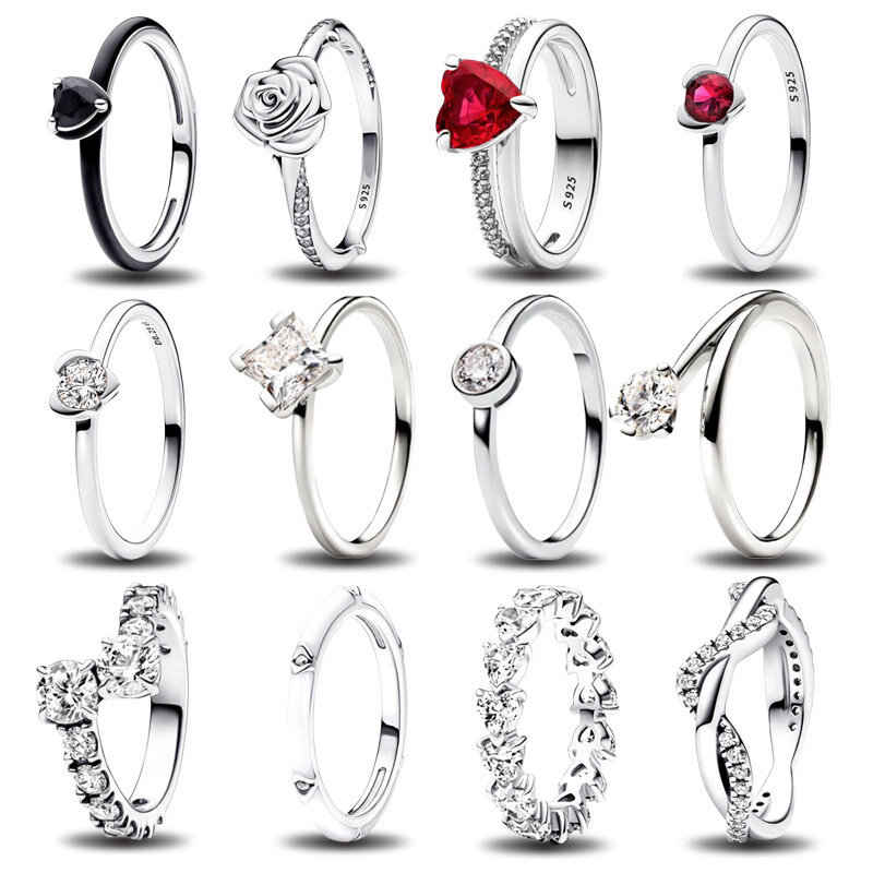 Silver 925 Rose Heart Geometric Line Ring for Women Zircon Design Original Sparkling Rings DIY New in 2024 Festival Jewelry Gift