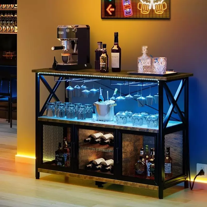 Szafka barowa z gniazdem LED RGB, 47-calowy wiejski Bar domowy, schładzacz do wina z uchwytem na kielich do przechowywania wina