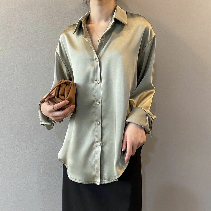2023 New White Shirt Female Autumn Winter Design Small Niche Satin Shirt with Vintage Temperament Long-sleeved Draped Top