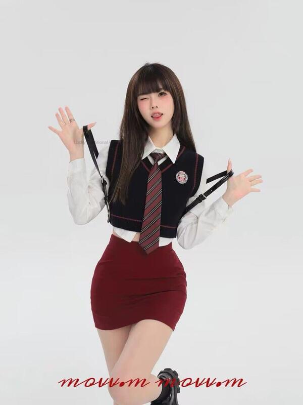 Uniforme escolar de estilo coreano japonés Jk para niña, conjunto de tres piezas, Chaleco de punto, falda mejorada, moda coreana