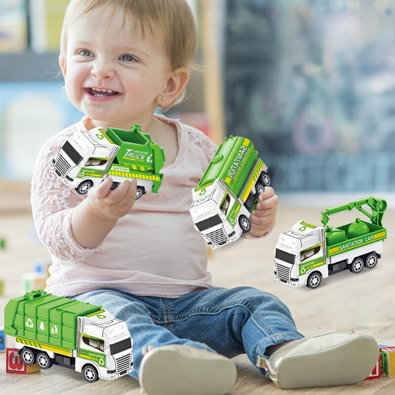 Camion d'assainissement à inertie pour enfants, modèle de voiture, véhicule d'ingénierie militaire, moteur de pompier, jouets pour garçons, cadeau pour enfants, 4 pièces