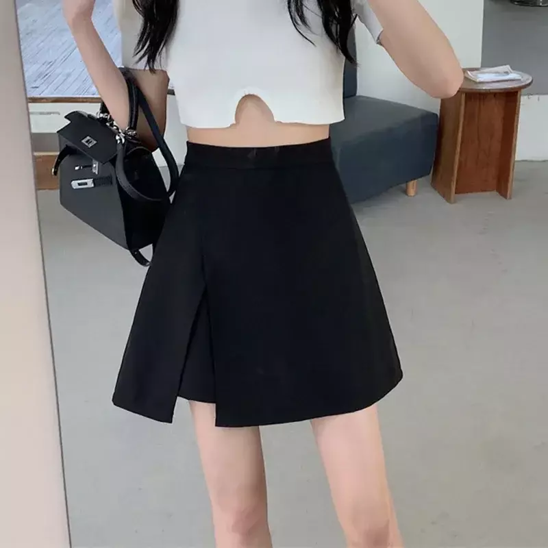 Míni saia dividida de cintura alta feminina, linha A, saias pequenas e finas, casual Y2K, combina com tudo, moda coreana, verão