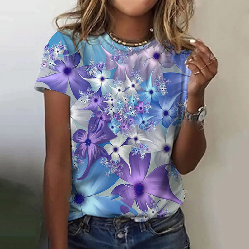 Modny damski t-shirt z Retro kwiat wzorem Top z okrągłym dekoltem moda krótki rękaw luźny odzież na przyjęcia letni damski t-shirt