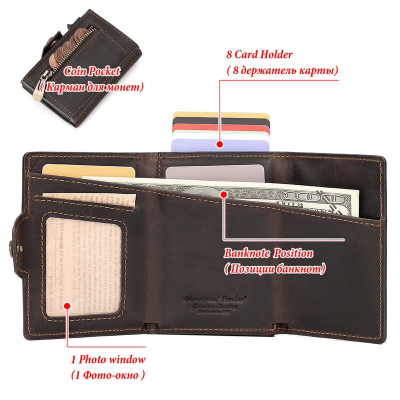 Смарт-кошелек с RFID-защитой для мужчин, тонкий бумажник из натуральной кожи с отделением для банкнот, на молнии, для 8-10 карт