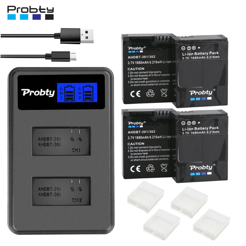 Original probty For GoPro Hero3 Hero3+ hero 3 hero 3+ battery +LCD dual charger for go pro AHDBT-301 action camera accessory