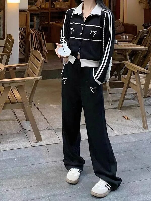Damen koreanische y2k kurz geschnittenes Sweatshirt American Retro Chic Spitze Schleife Stand Kragen Reiß verschluss Strickjacke Jacken Tops Straight-Leg Hosen