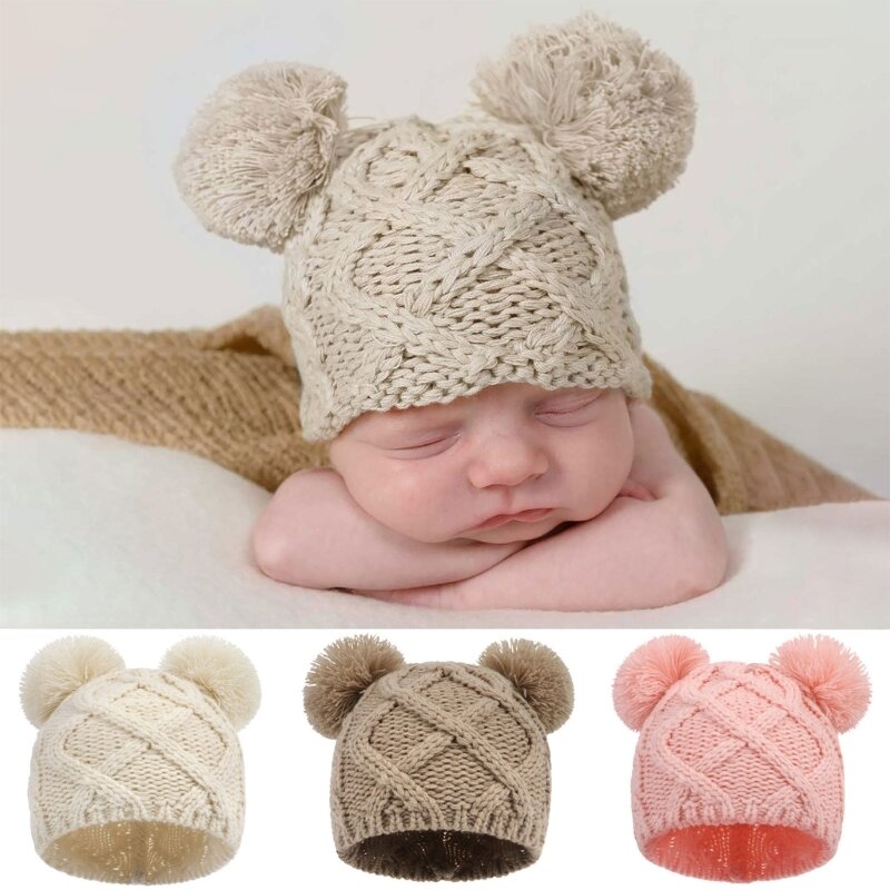 K5DD 新生児写真撮影帽子、ニット暖かいビーニーキャップ漫画クマのポンポンボンネット帽子写真小道具 0-6 ヶ月用
