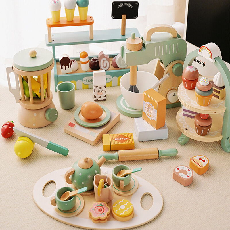 Gioco di imitazione in legno giocattoli da cucina macchina da caffè Set da tè torta giocattolo gelato Set da gioco giocattoli di apprendimento per ragazze ragazzi regali per bambini