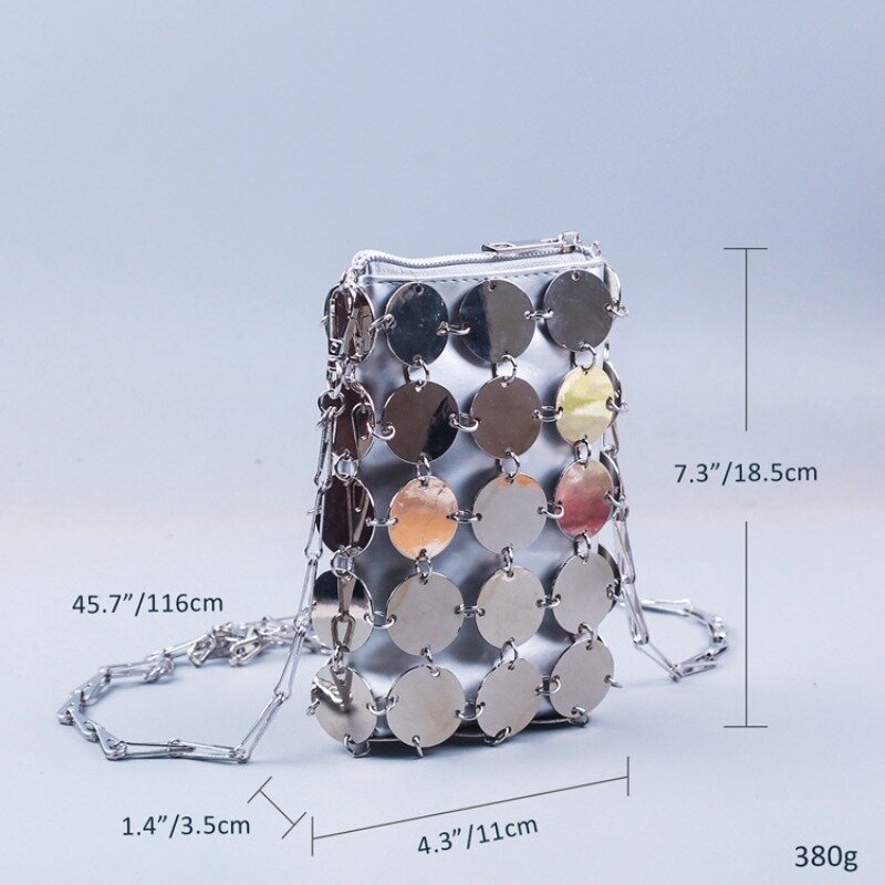 Silver Shining Crossbody Bag para mulheres, bolsa pequena, círculo, metal, prata, fêmea, telefone móvel, noite, design de luxo
