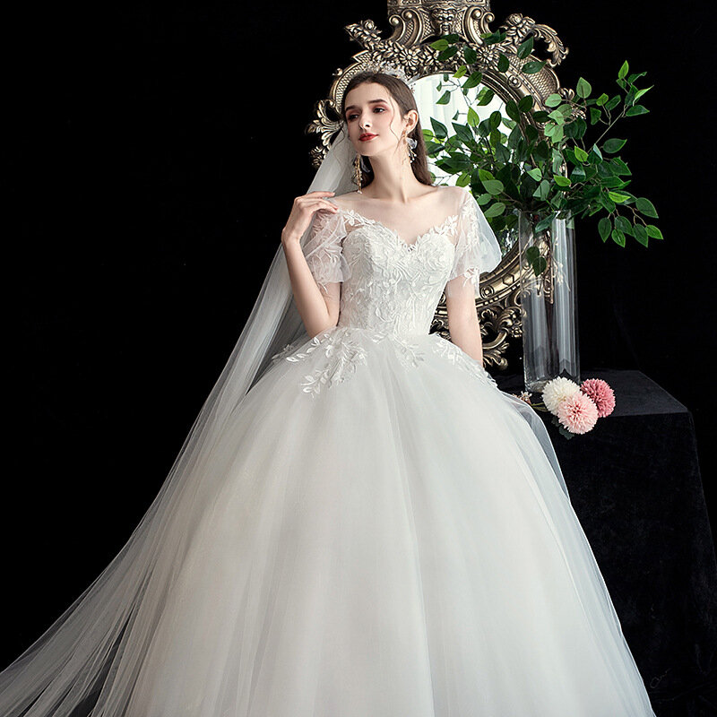 2022 New Vintage V Neck Short Sleeve Wedding Dress Illusion Simple Lace Embroidery Custom Made Bridal Gown Vestido De Noiva L