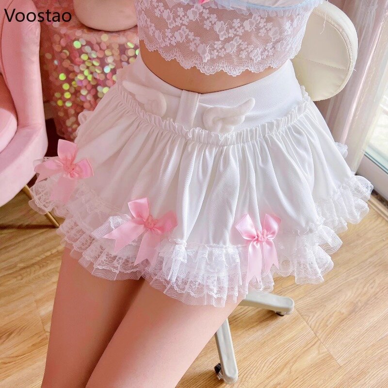 Słodka styl Lolita księżniczka Mini spódniczka damska na co dzień urocza koronkowe falbany kokardka w kształcie skrzydła krótkie spódniczki koreańska dziewczyna spódnica w stylu Vintage Y2k