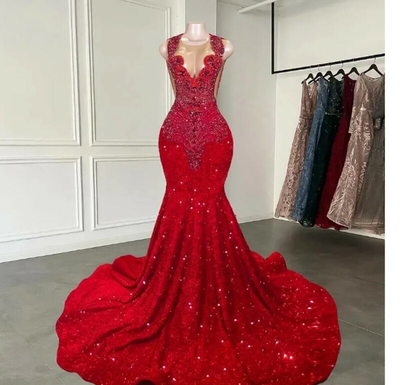 2024 인어 빨간 드레스, 얇은 다이아몬드 스타일, 반짝이는 모조 다이아몬드 크리스탈, 스팽글 무도회 파티, 공식 이브닝 가운