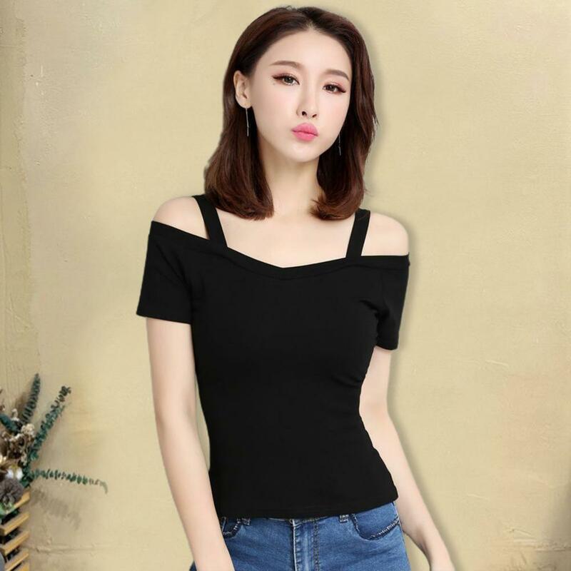 Koszulka z krótkim rękawem kobiety Sexy z odkrytymi ramionami koreańska modna koszulka koszula Femme Slim V dekolt Tshirt Womacn letnie ubrania Top