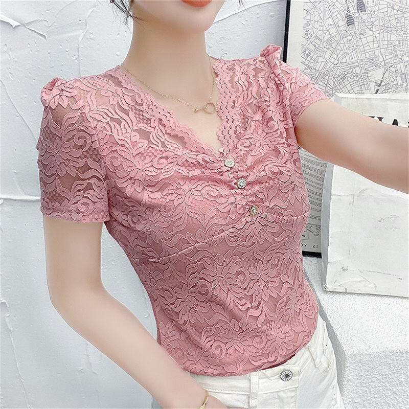 French Blouses Women Summer  Lace   Floral  Hollow   Casual