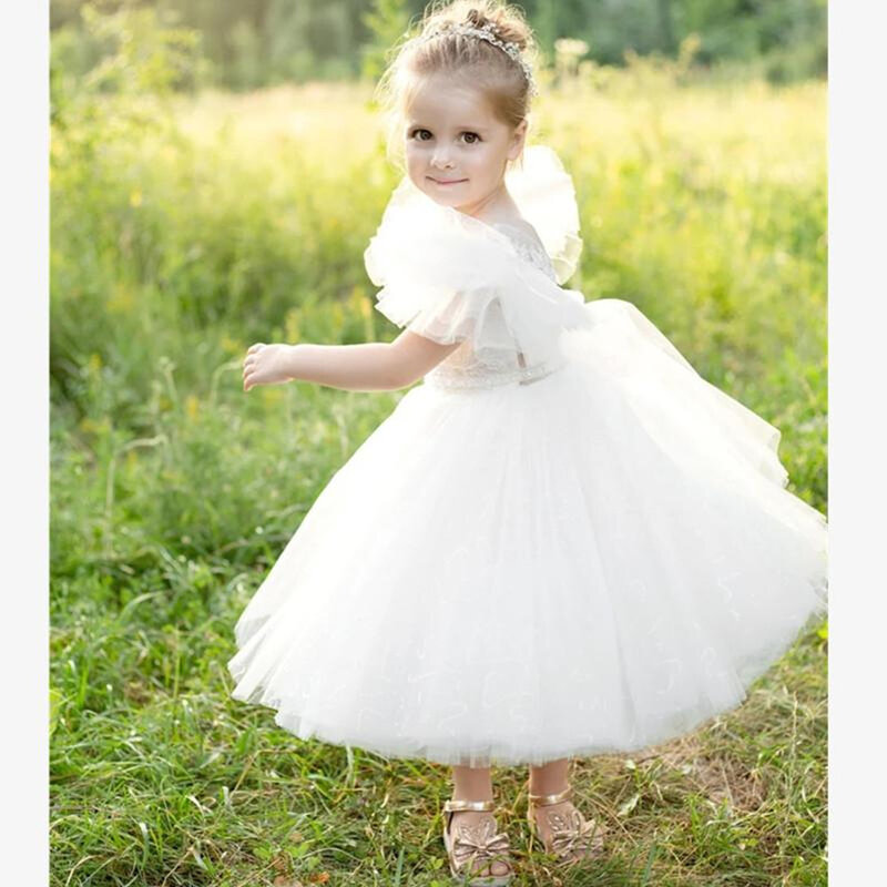 Vestido de flor inchado branco, Linda princesa anjo vestido, Comunhão vestido de baile, Baile vestido, Festa de aniversário, Appliue casamento