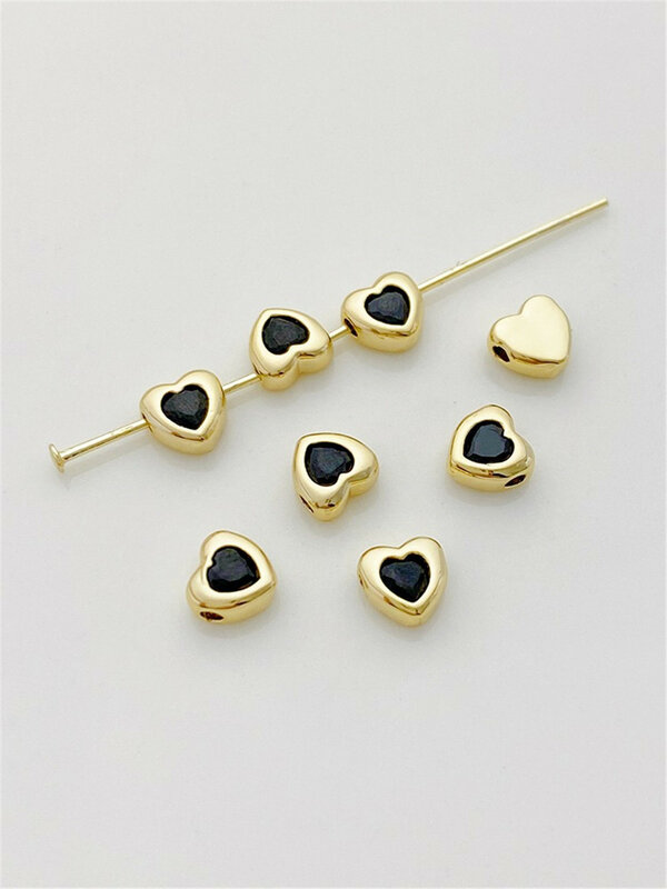 14K Gold-plated Zirconium Black White Heart-shaped Horizontal Hole Separated Beads Handmade DIY Bracelet Material Accessories