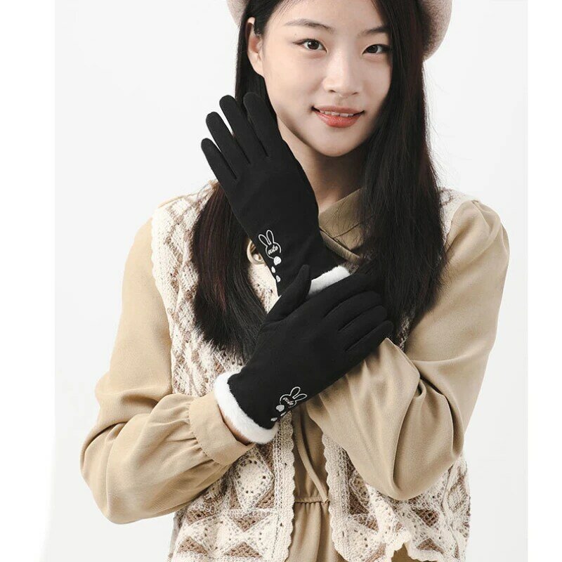 Gants de broderie antidérapants pour femme, tenue d'hiver pour garder au chaud l'écran tactile, joli dessin animé, cyclisme en peluche, poignet élégant et doux
