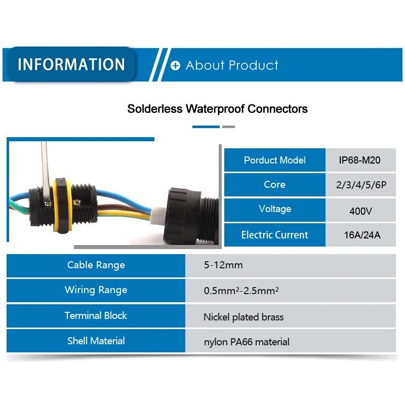 전기 조명 정션 박스용 방수 케이블 커넥터, IP68 M20, 2 3 4 5/6 핀, 나사 배선 터미널, 와이어 커넥터 DIY GO