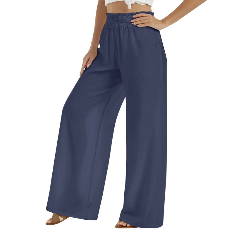 Spring Summer Bohemian Style Women Loose Long Trousers Leisure Solid High Waist Elastic Beach Wide Leg Pants with Pocket