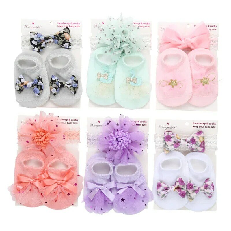 Newborn Headband Sock Set European Styel Bowknot Sock Floral Headband Set for Baby Girl Spring Summer Baby Stuff for 0-1 Year
