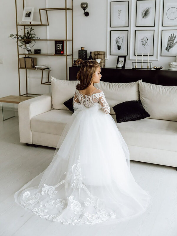 Suknia balowa z długim rękawem koronkowa księżniczka sukienki dla dziewczynek 2024 białe sukienki komunijne dla małych dziewczynek szata Mariage Enfant Fille